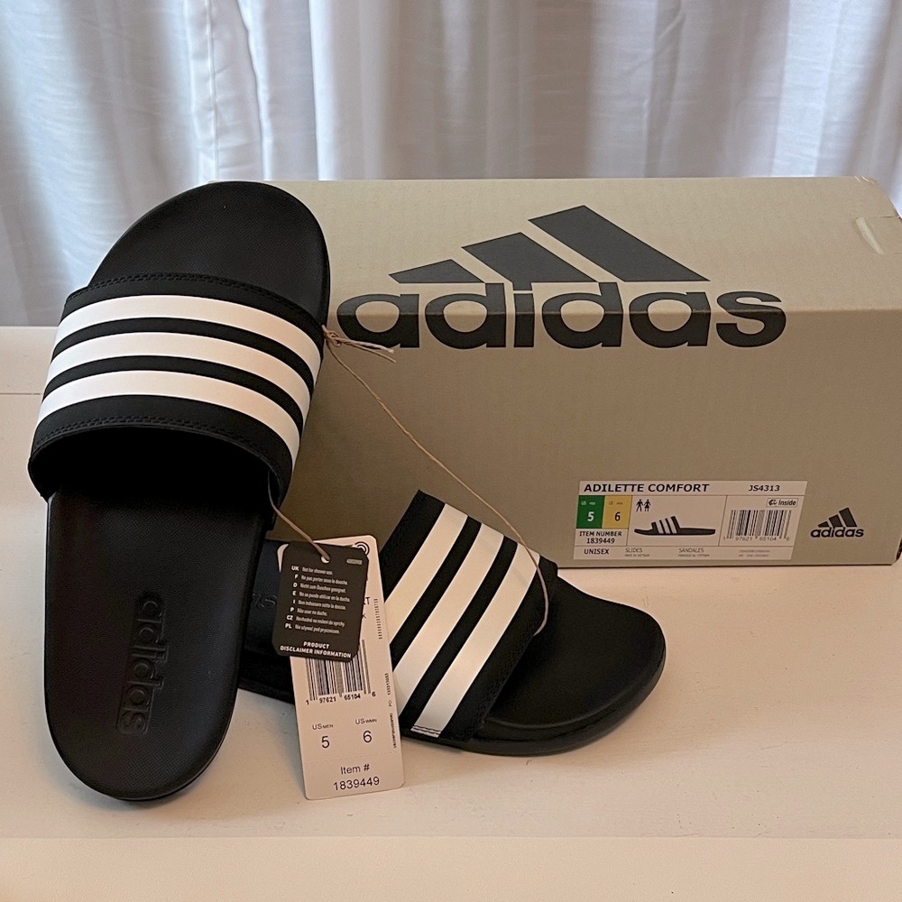 Adidas Adilette Black Slides with White Stripes NWT
